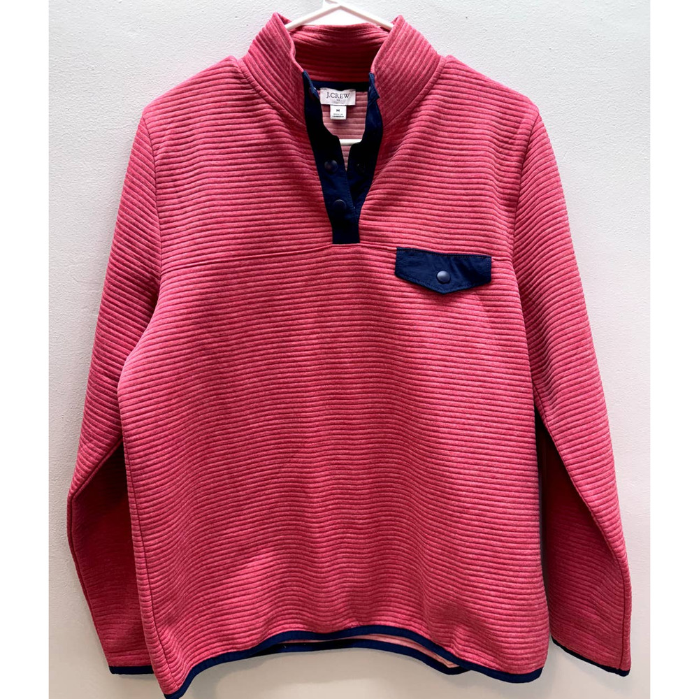 J Crew Quarter Snap Ribbed front Pocket Pullover (Women's M) Pink Navy EUC